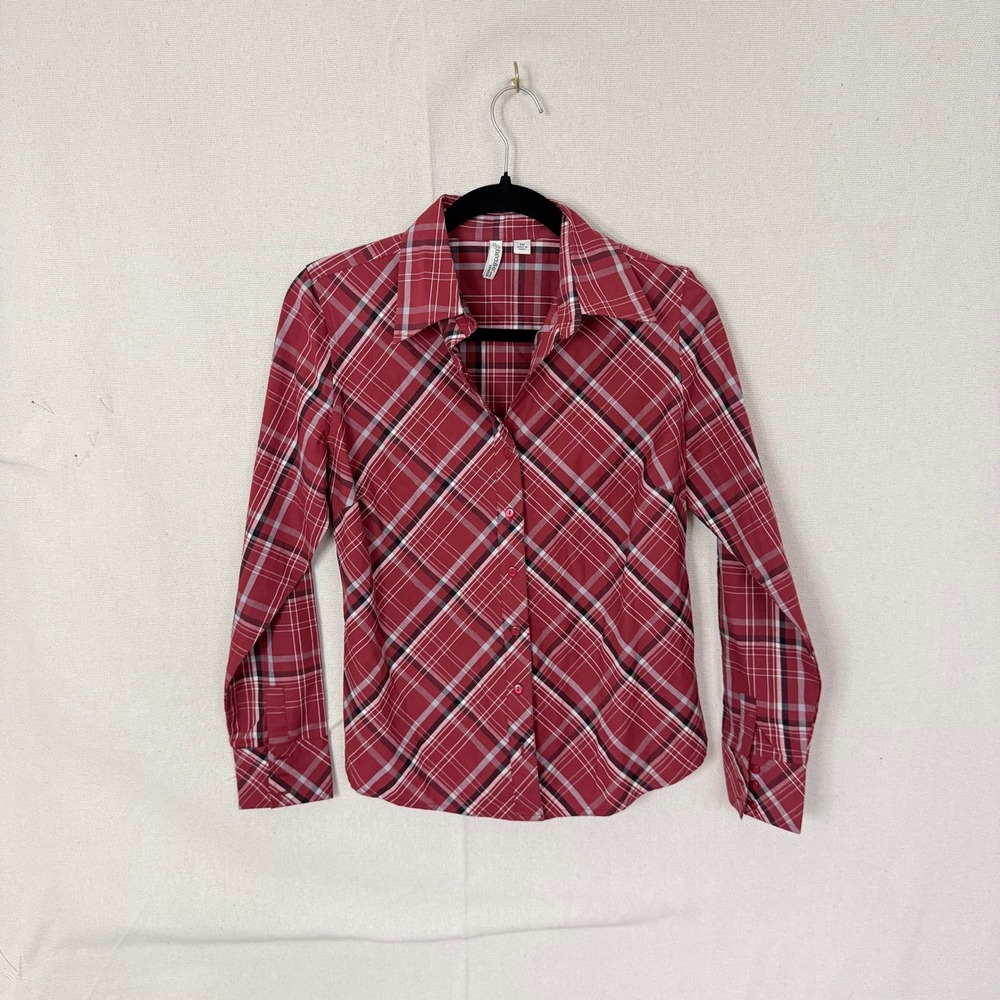 St Johns Bay Petite Red Plaid Stretch Button Down Shirt PM Long‎ Sleeve Cotton